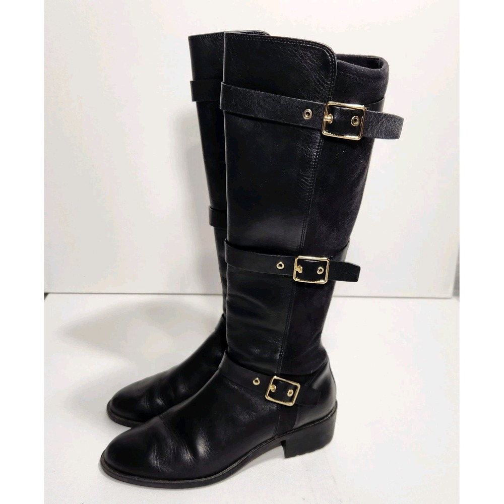Cole Haan Salem Tall Riding Boots Stretch Heel‎ Straps Buckle Black Size 7.5B